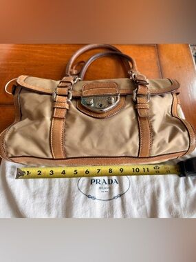 Vintage Prada Camel and Tan Nylon Leather Trim Satchel